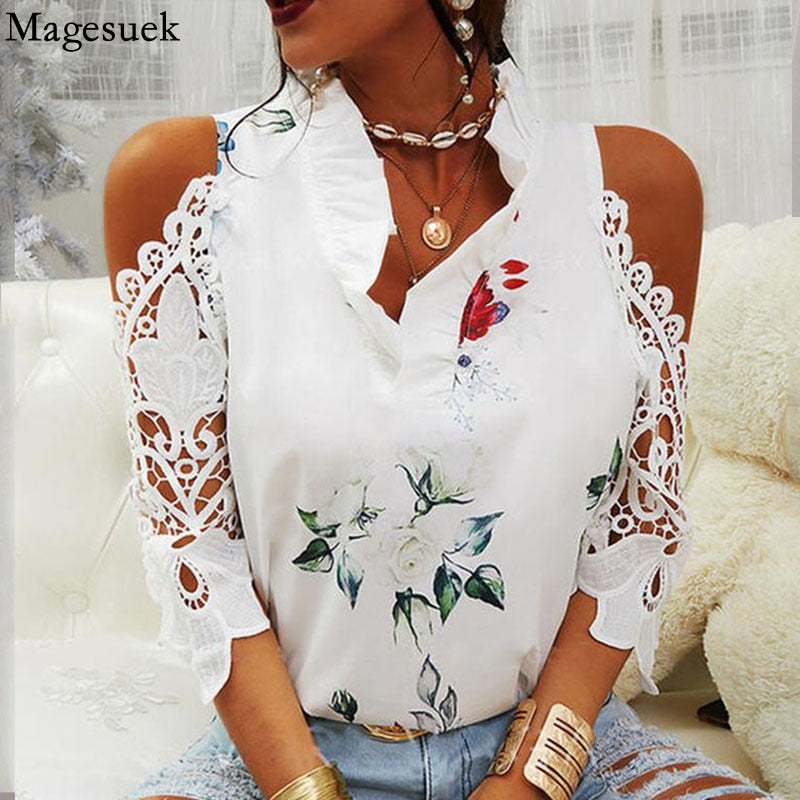 Sexy Hollow Out Printed V-Neck Elegant Short Sleeve Lace Shirt