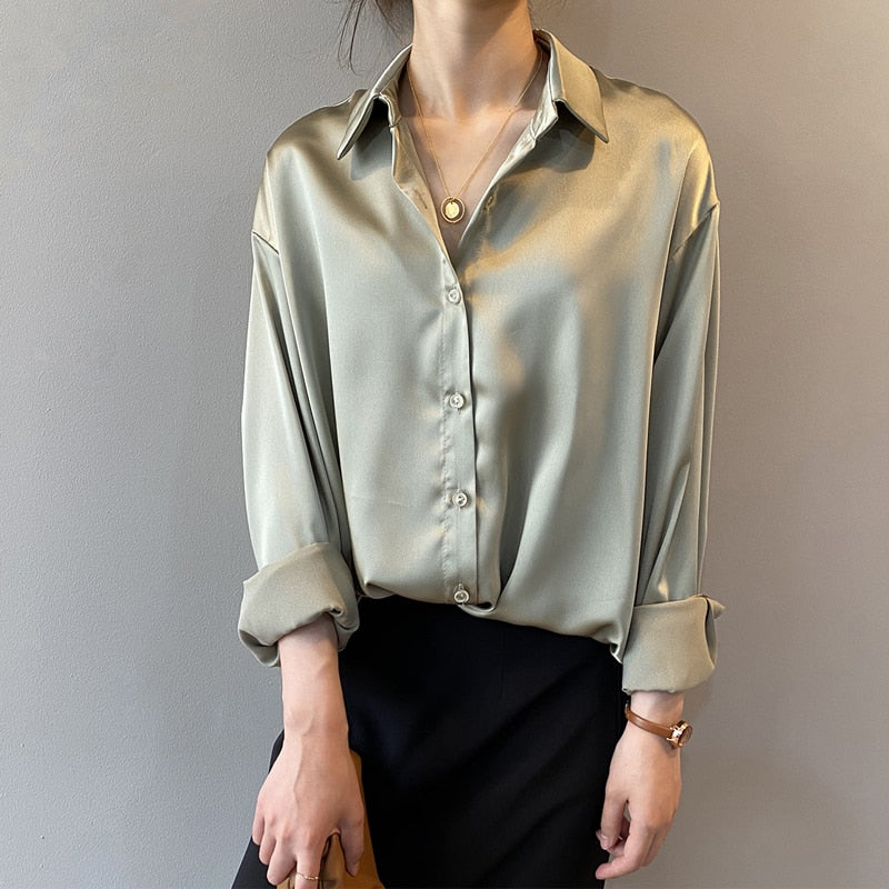 Silk Korean Elegant Button Up Satin Shirt Blouse