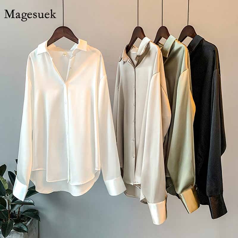 Silk Korean Elegant Button Up Satin Shirt Blouse