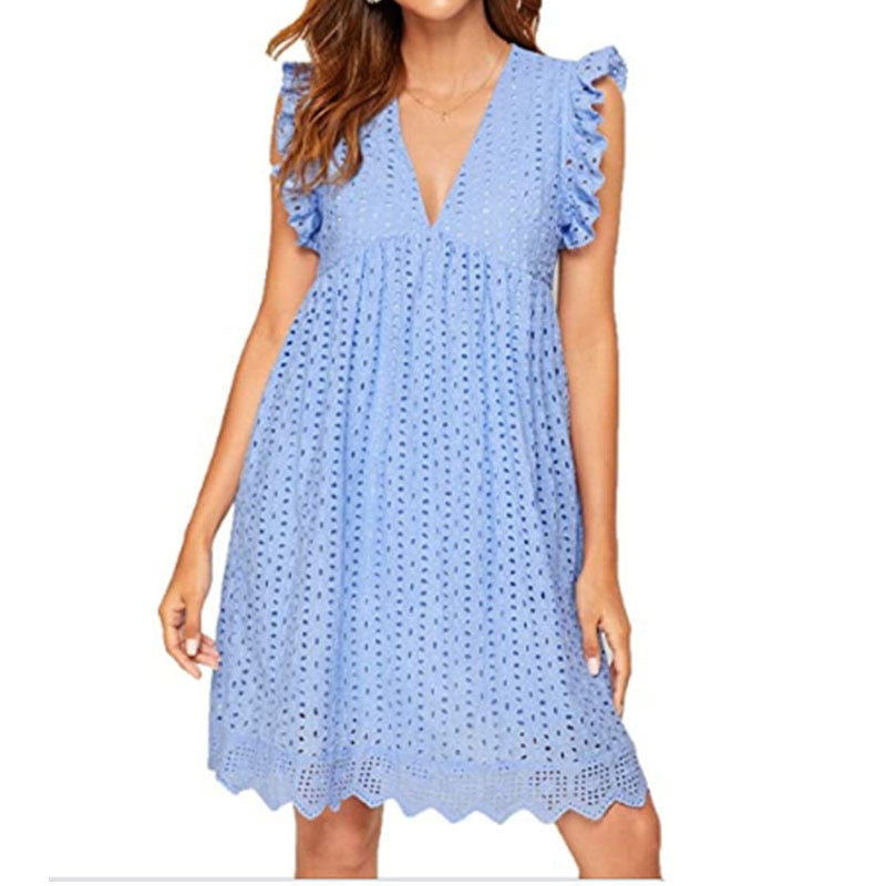 V-neck Summer Short Sleeve Lace Dress Hollow Casual Dress