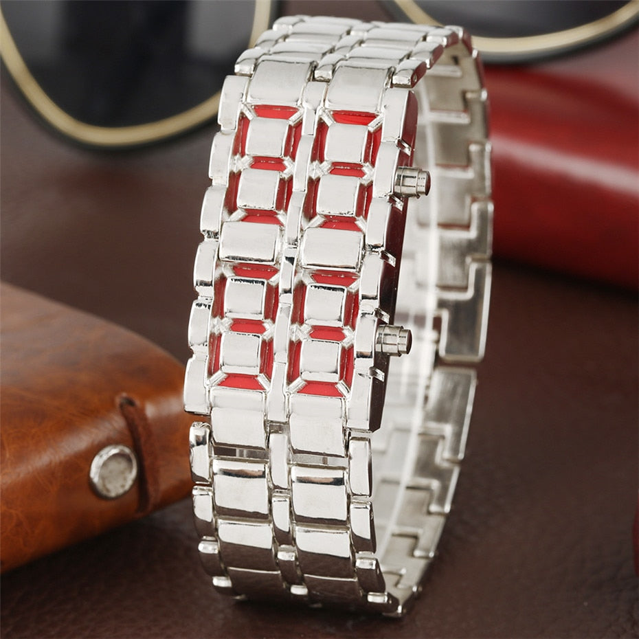 Black Full Metal Digital Lava Wrist Watch Men Red/Blue LED Display