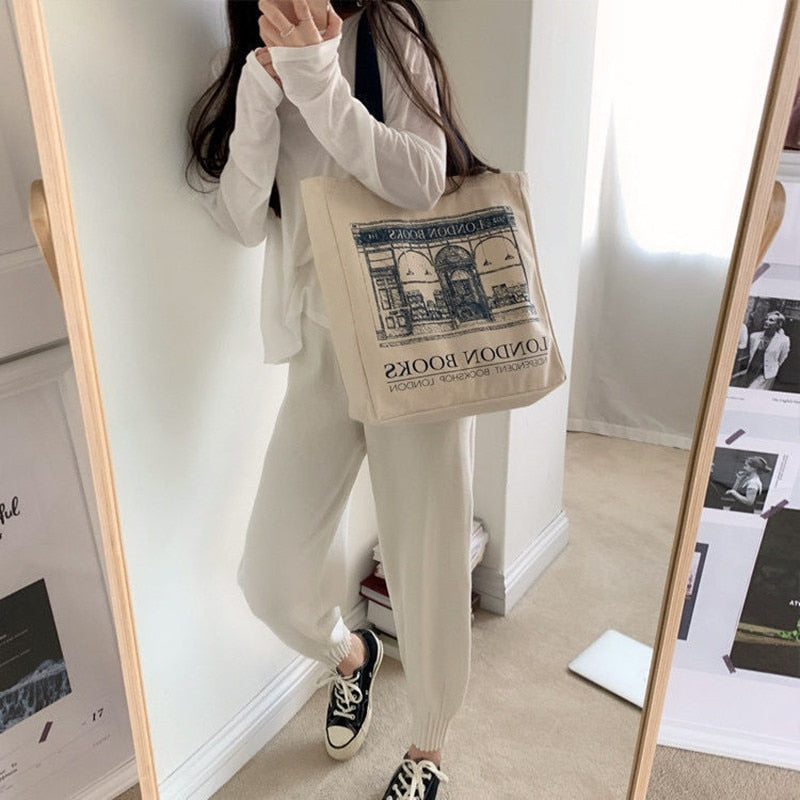 Women Canvas London Books Print Reusable Large Capacity Cotton Bag