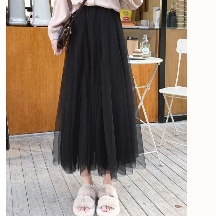 3 layers High Waist Pleated Long Skirt
