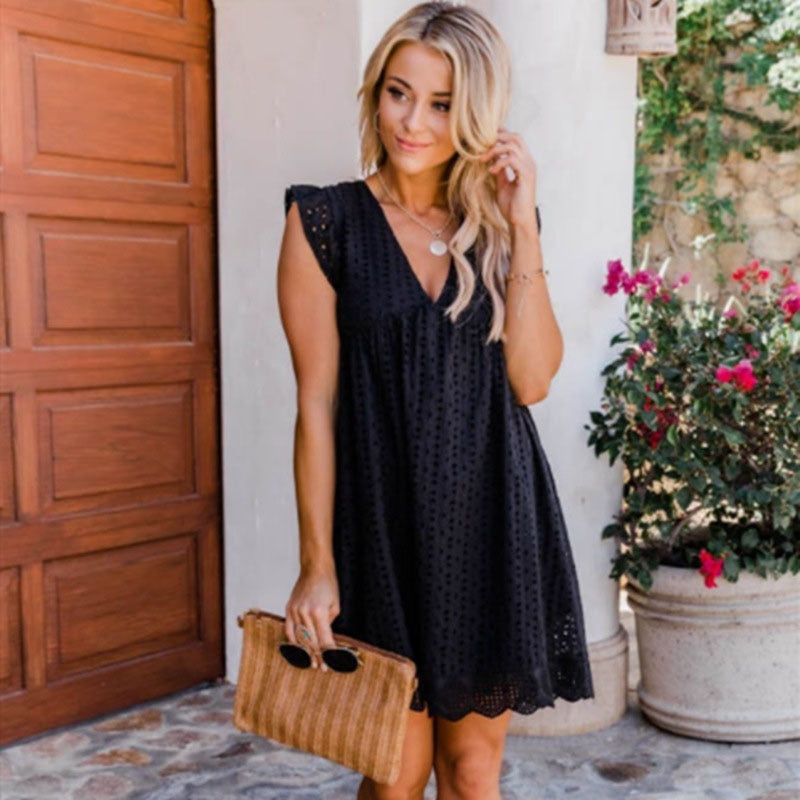 V-neck Summer Short Sleeve Lace Dress Hollow Casual Dress