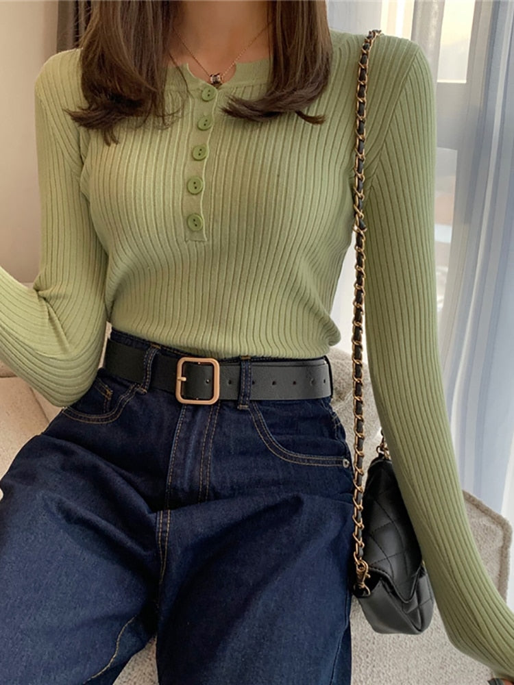 Knitted Button Sweater Pullovers Women highneck Sweaters