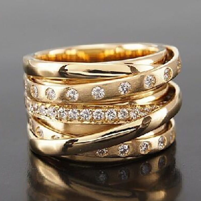 Gold Color Multilayer Winding Inlaid Crystal Rhinestone Zircon Metal Ring