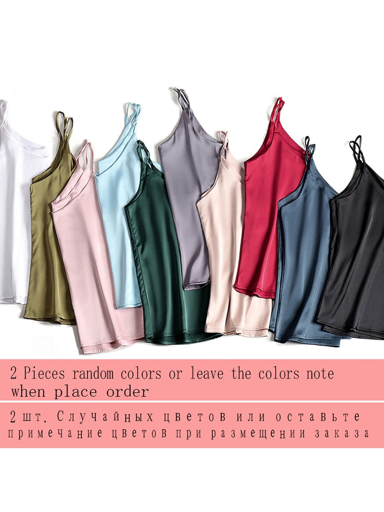 Spaghetti Strap Halter V Neck Sleeveless Satin Silk Tank Top