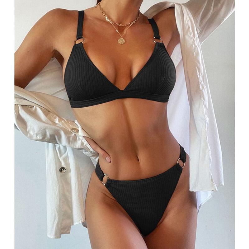 Sexy Ribbed Ring Push Up Bikinis Swimsuit Women