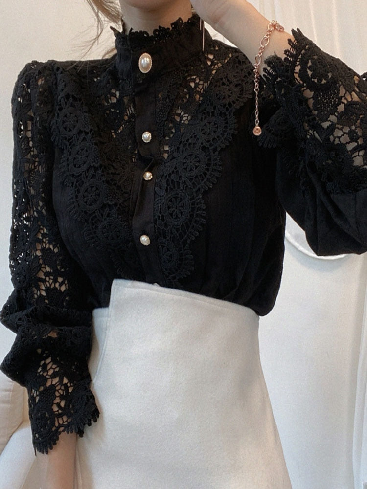 Petal Sleeve Stand Collar Hollow Out Flower Lace Patchwork Shirt