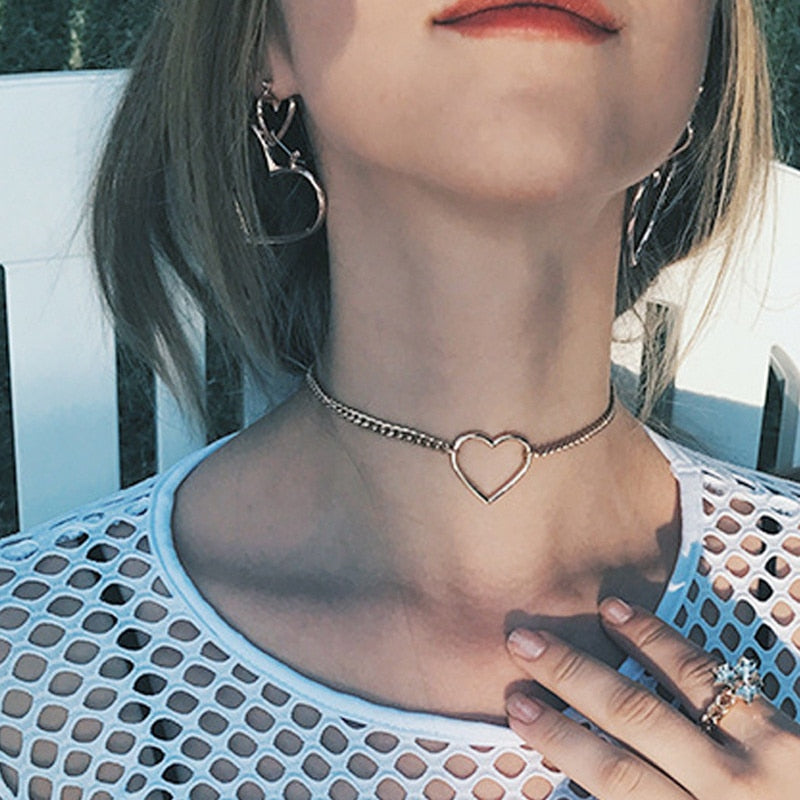 Kpop Vintage Metal Heart Neck Chains Choker Grunge Necklaces