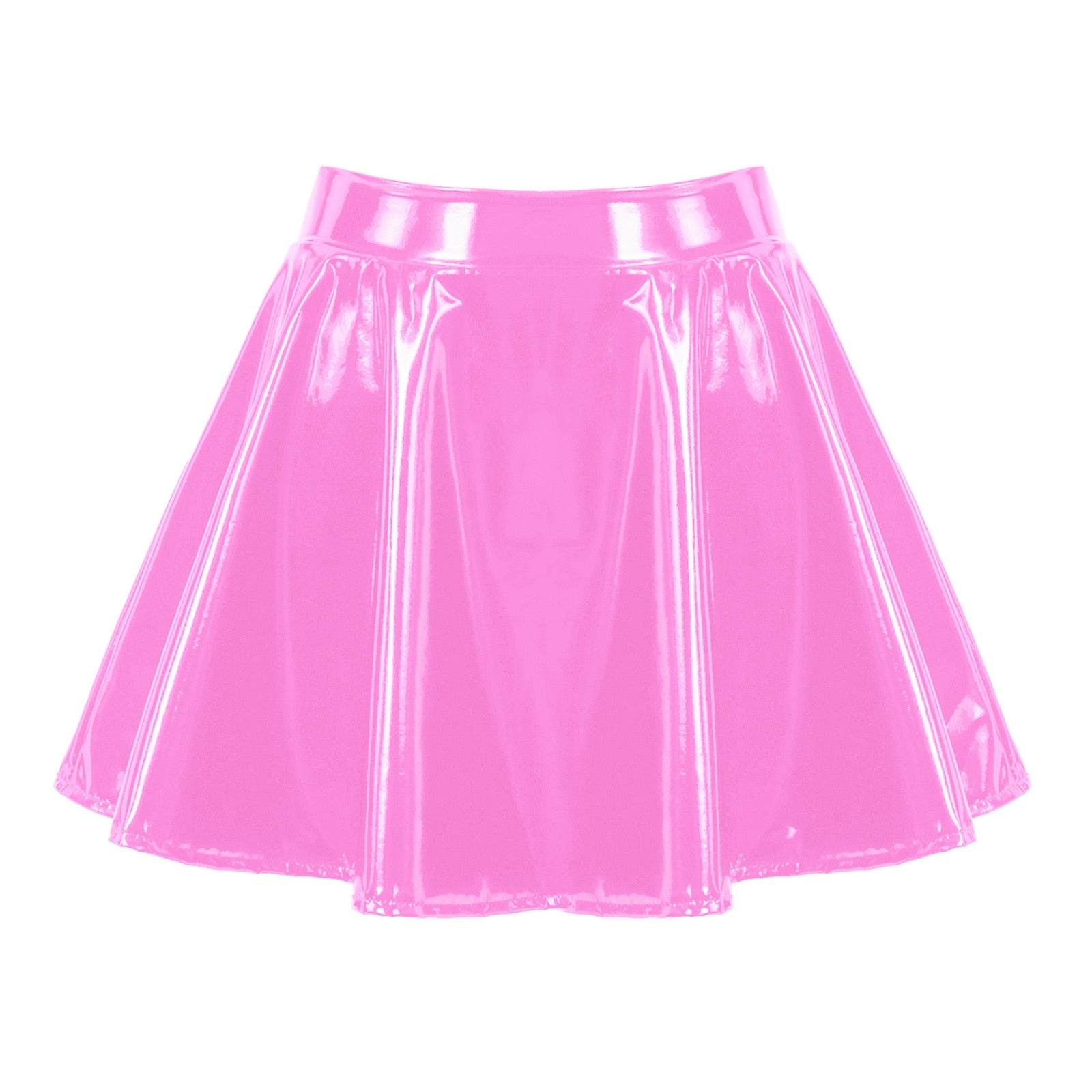 Womens Invisible Zipper A-Line Short Glossy Patent Leather Flared Mini Skirt