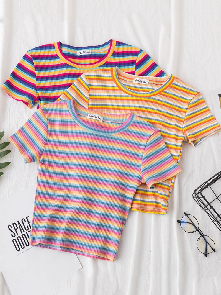 New T Shirt Women Rainbow Striped Tops Slim Fit t shirt