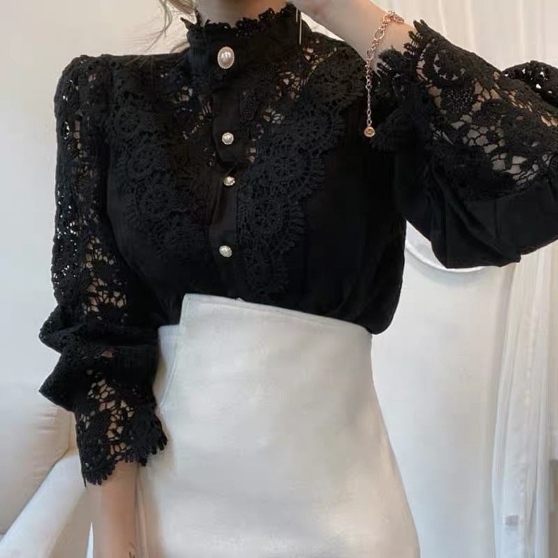 Vintage Solid White Lace Blouse Shirts Women Button Loose Shirt Top