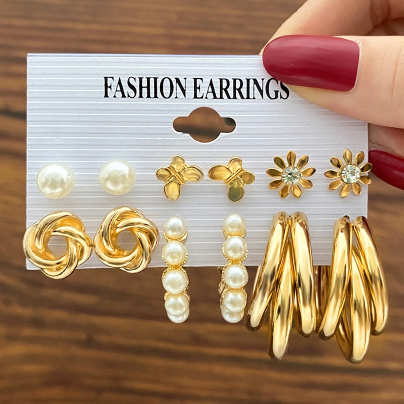 17KM Vintage Geometric Gold Plated Metal Earrings Set