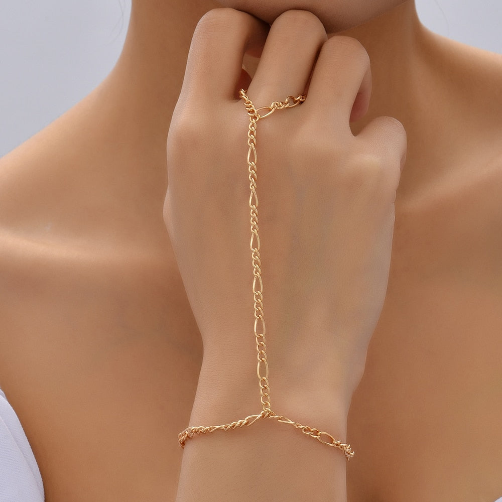 Simple Link Connected Gold plated Wide Finger Ring Bracelet