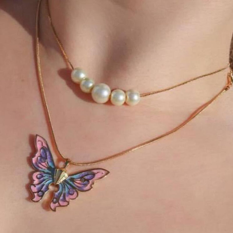 Thai Pop Butterfly Pearl Double Choker Chain Necklace