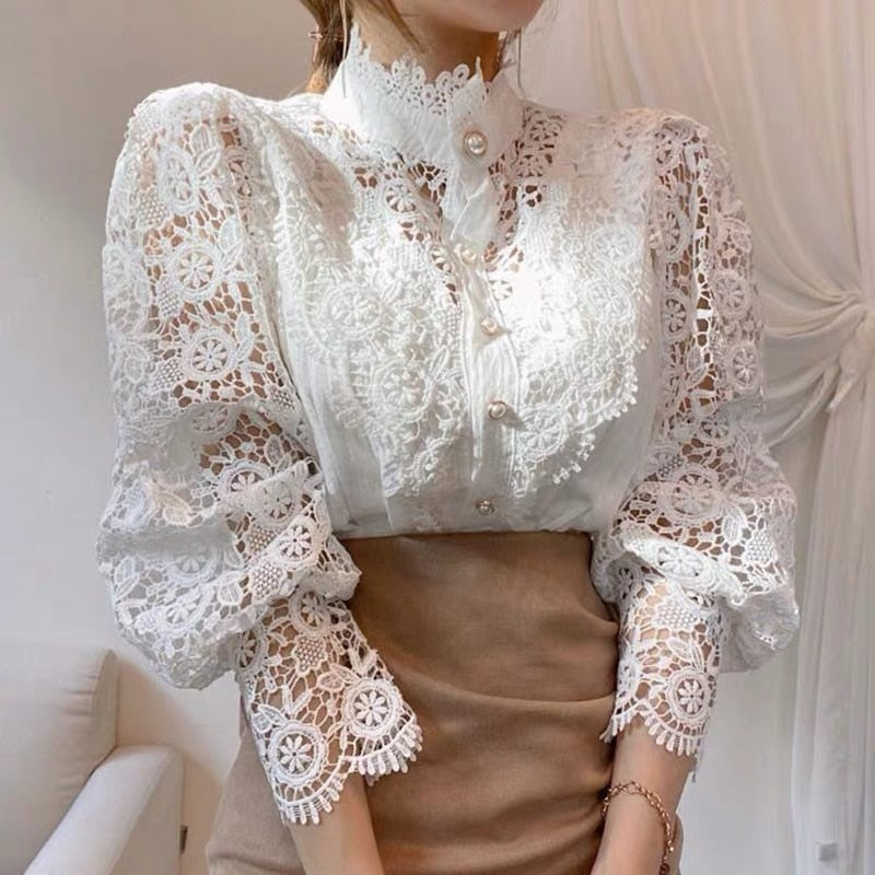Vintage Solid White Lace Blouse Shirts Women Button Loose Shirt Top