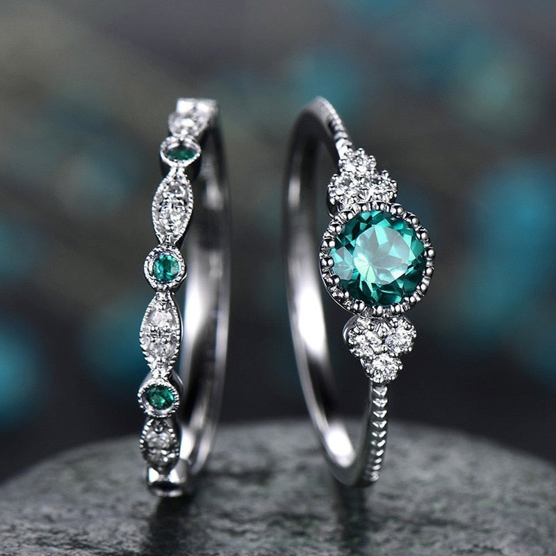 2Pcs/Set Classic Silver Plated Cut Created Birthstone Delicate Ring
