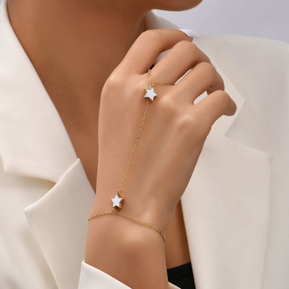 Simple Link Connected Gold plated Wide Finger Ring Bracelet