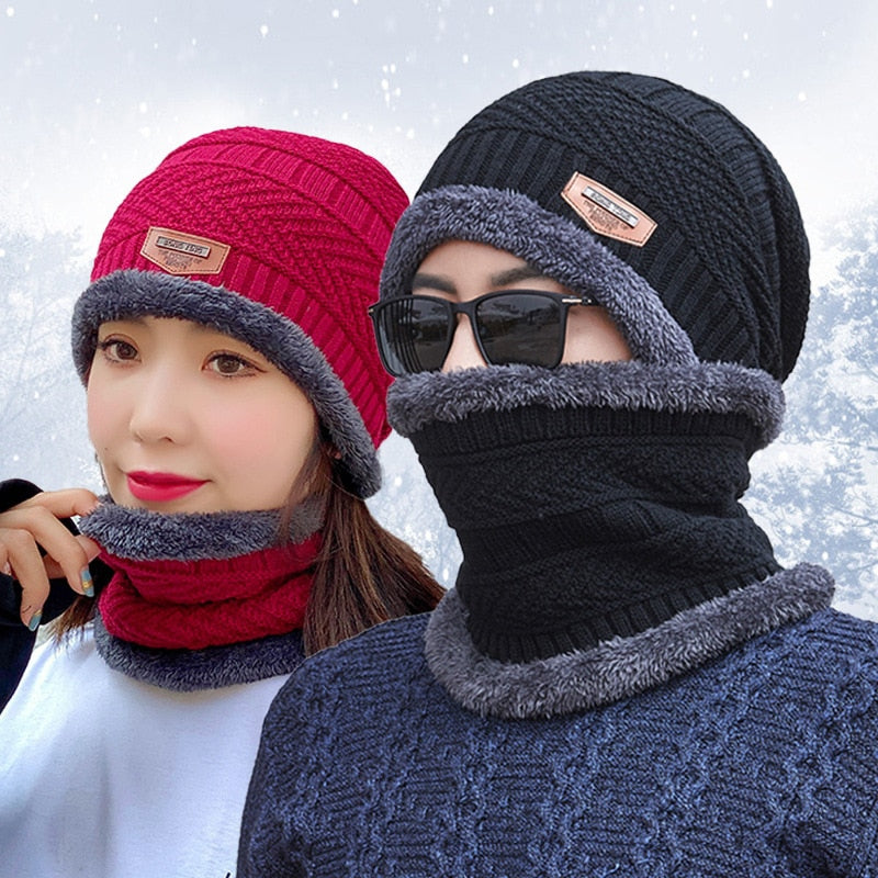 Thick Wool Neck Scarf Cap Balaclava Mask Bonnet Hats Set Unisex