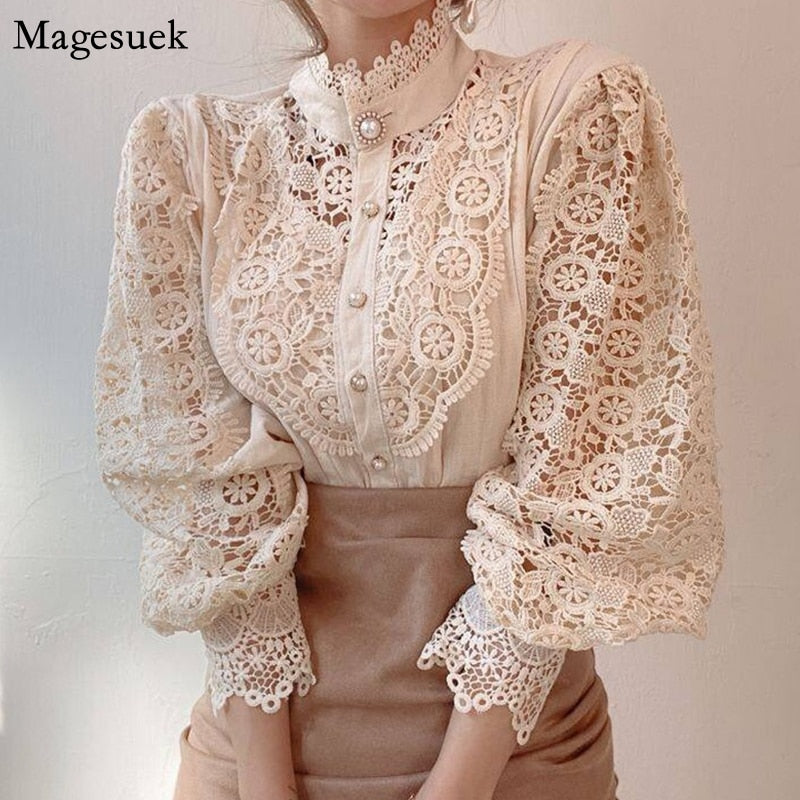 Vintage Solid White Lace Blouse Shirts Women Button Loose Shirt Top