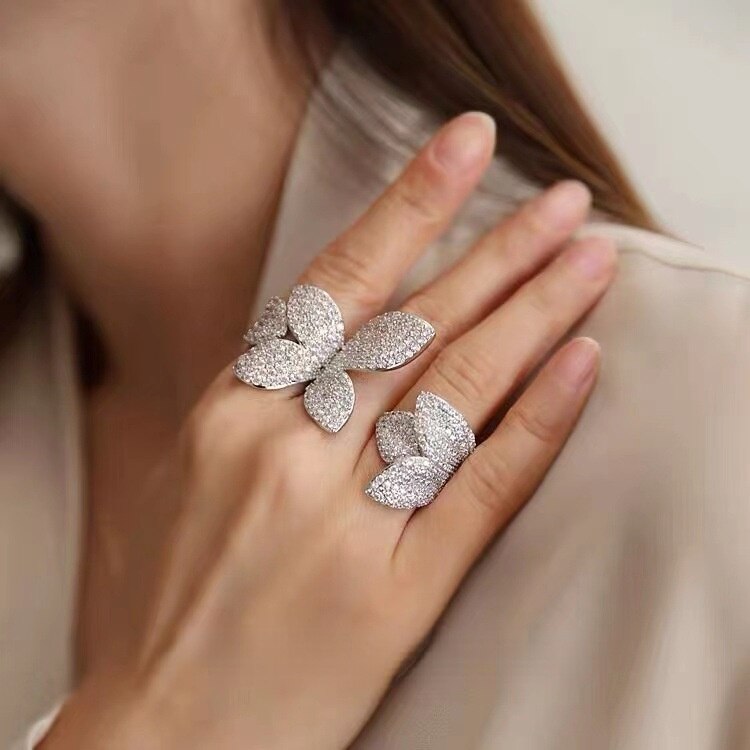 Big Silver Color Flower Leaf Adjustable Ring with Bling Zircon Stone