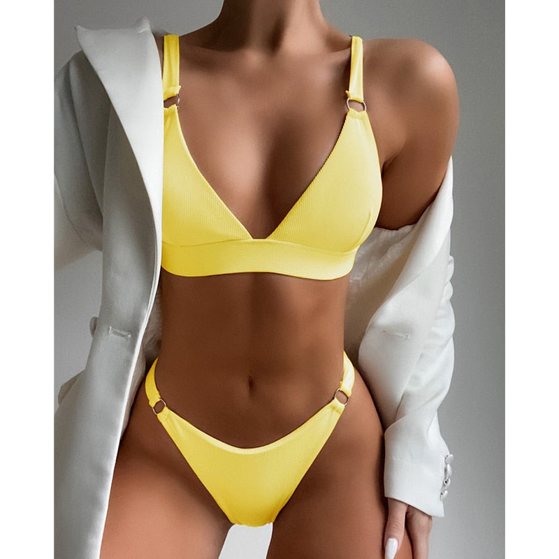 Sexy Ribbed Ring Push Up Bikinis Swimsuit Women