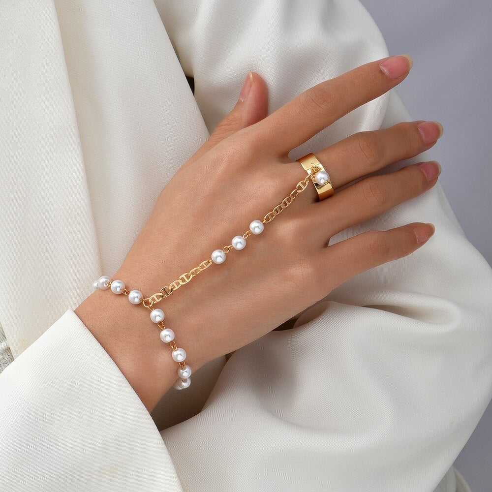 Simple Link Connected Gold plated Wide Finger Ring Bracelet