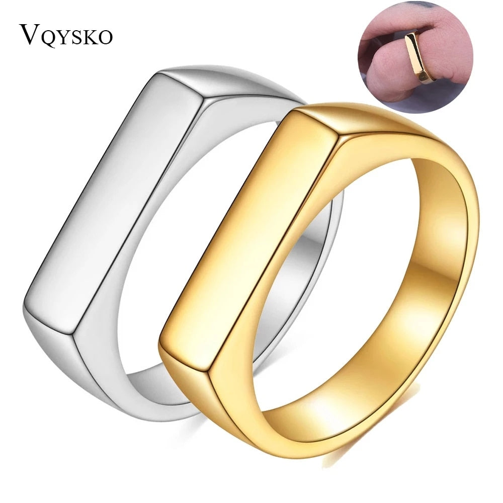 Square Band Flat Top Signet Ring Oxidized Silver Color Stainless Steel