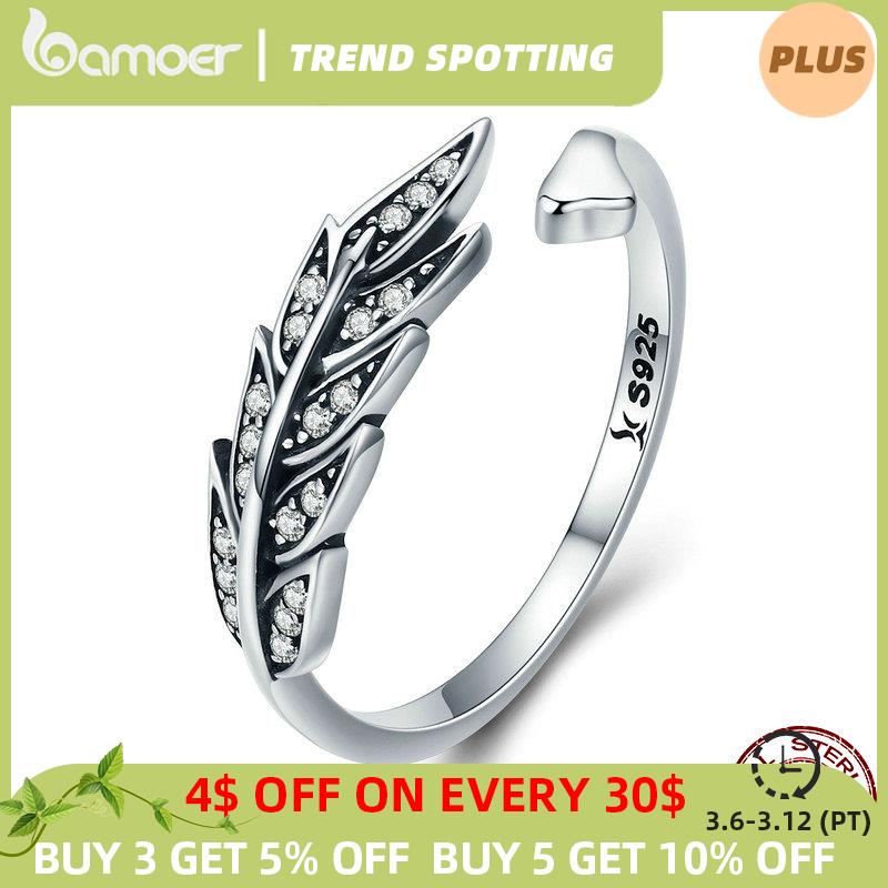 BAMOER 925 Sterling Silver Feather Wings Adjustable Finger Ring