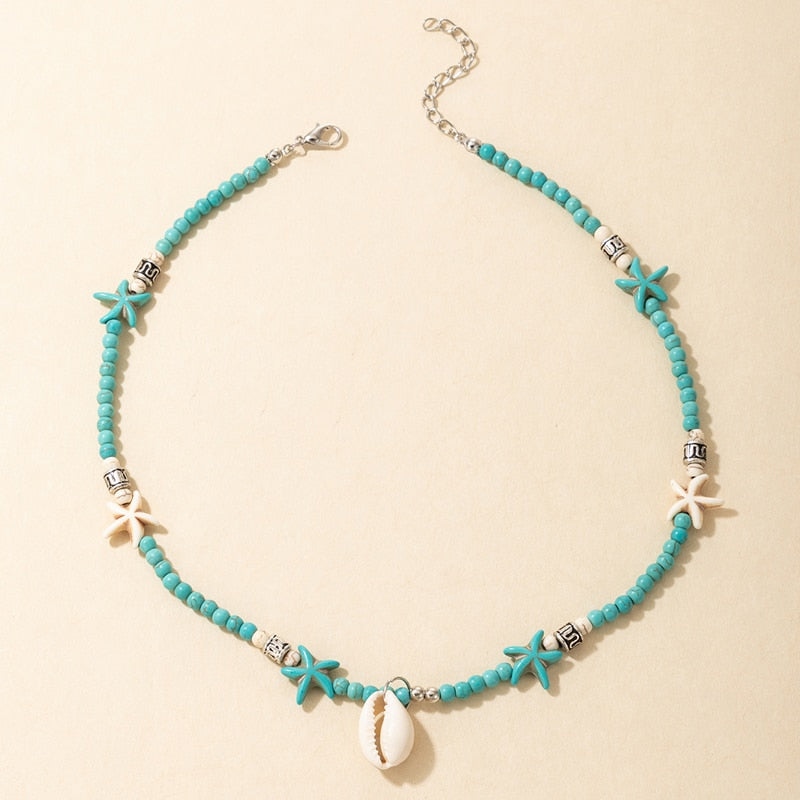 HuaTang Bohemian Green Rhinestone Shell Choker Pendant Necklace