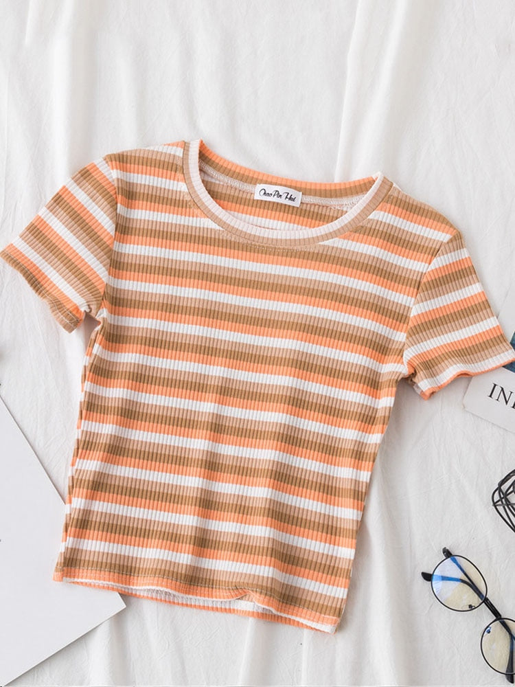 New T Shirt Women Rainbow Striped Tops Slim Fit t shirt