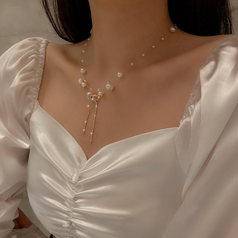 Inlaid Rhinestone Pearl Necklace