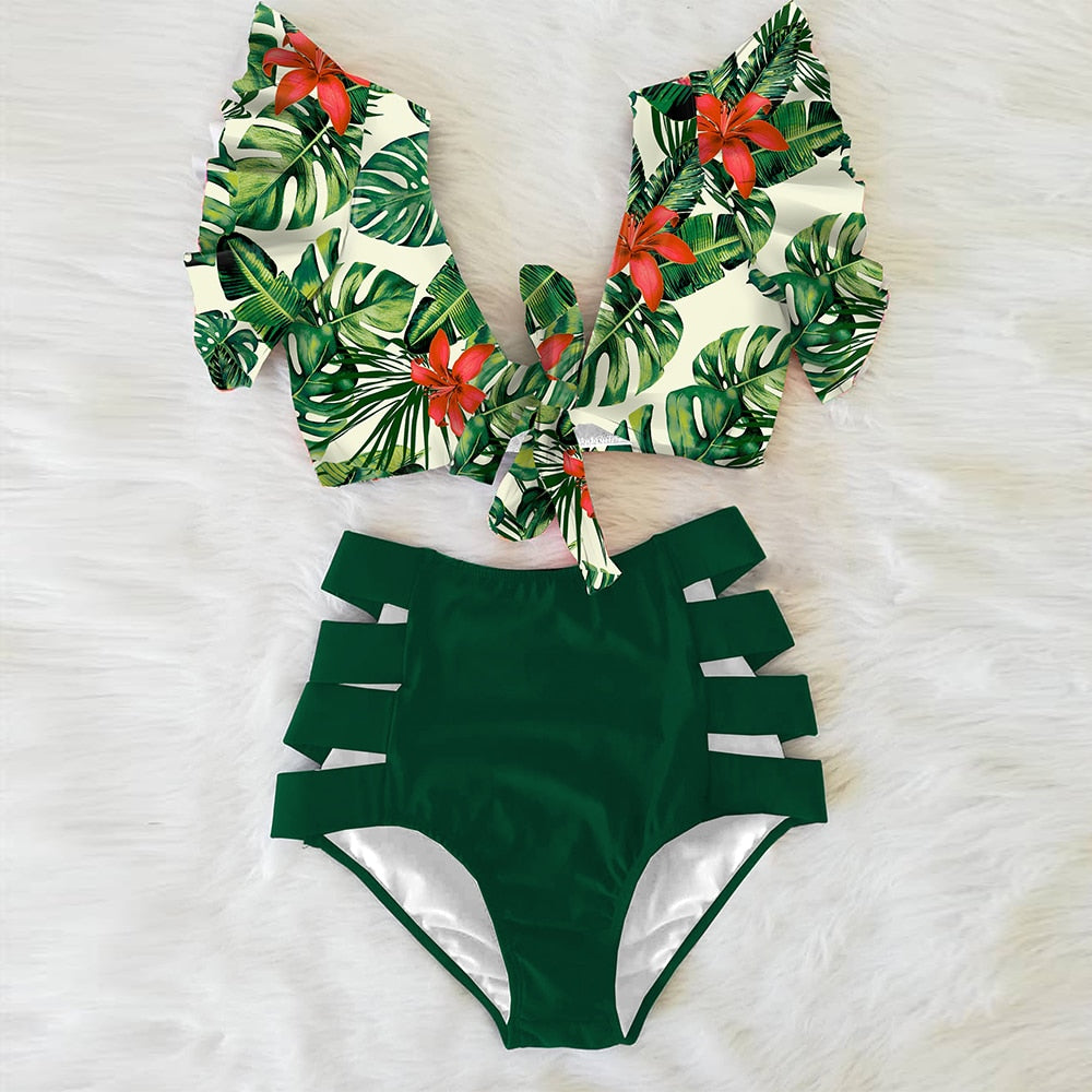 Floral Beachwear V-Neck High Waist Ruffled Sexy Bikini Set