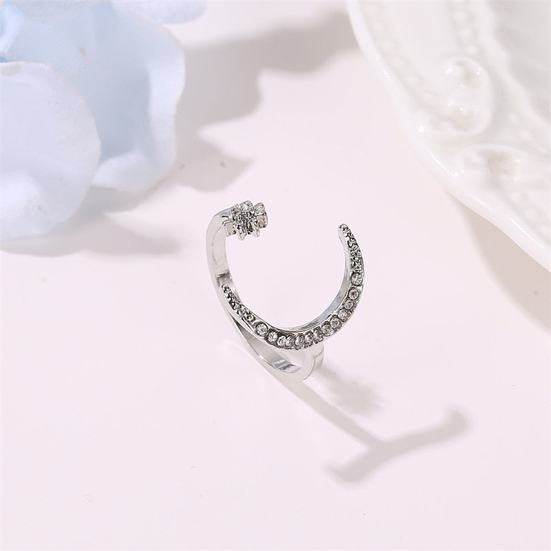 Zircon Moon Star Stainless Steel Adjustable Finger Ring