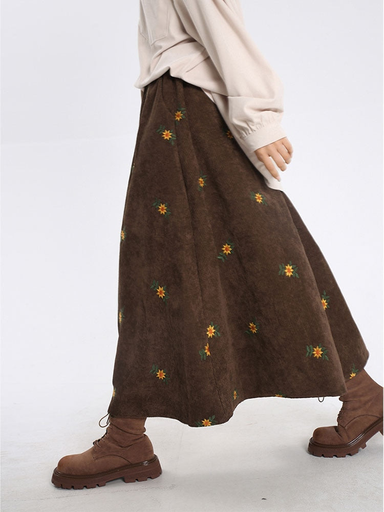 Korean Style High Waist Corduroy Embroidery Loose Floral A-line Long Skirt