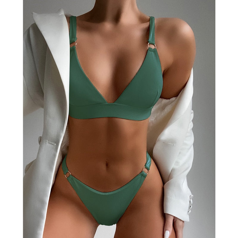 Sexy Ribbed Ring Push Up Bikinis Swimsuit Women