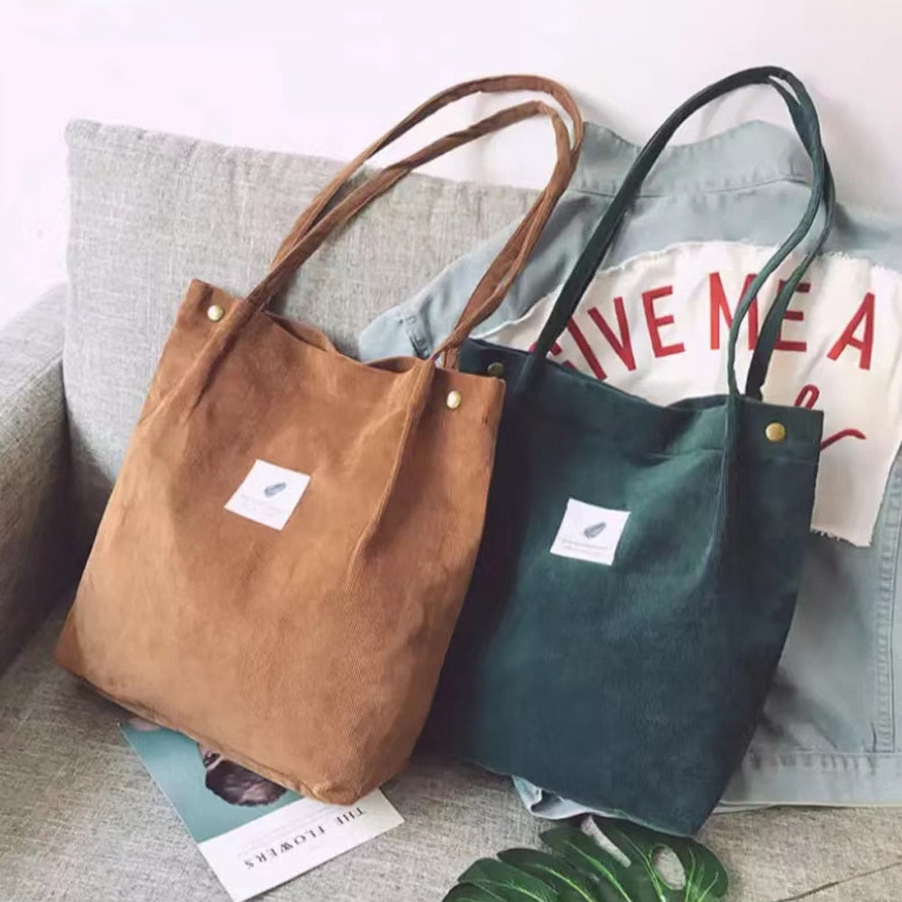 Women Corduroy Shopping Bag Girl Reusable Foldable Canvas