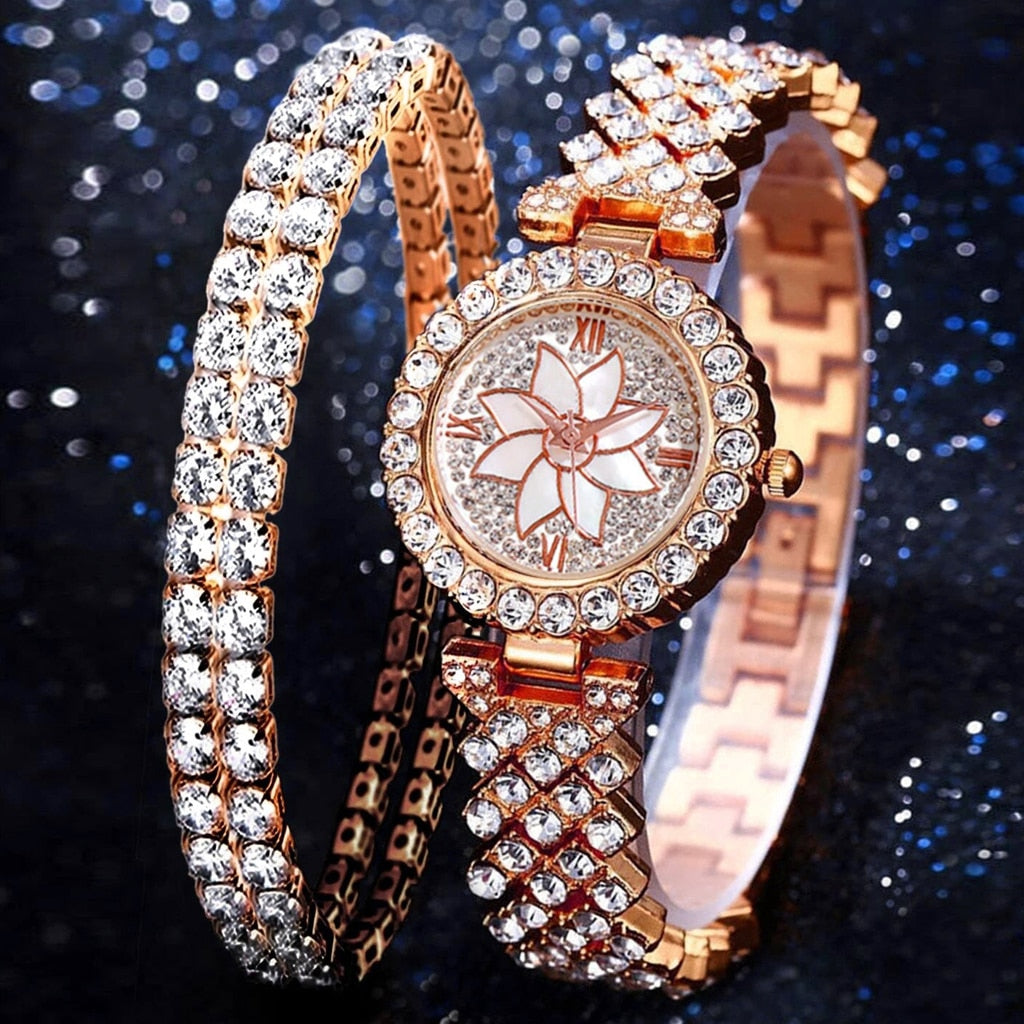 Luxury Women Rose Gold Quartz Diamond Watch