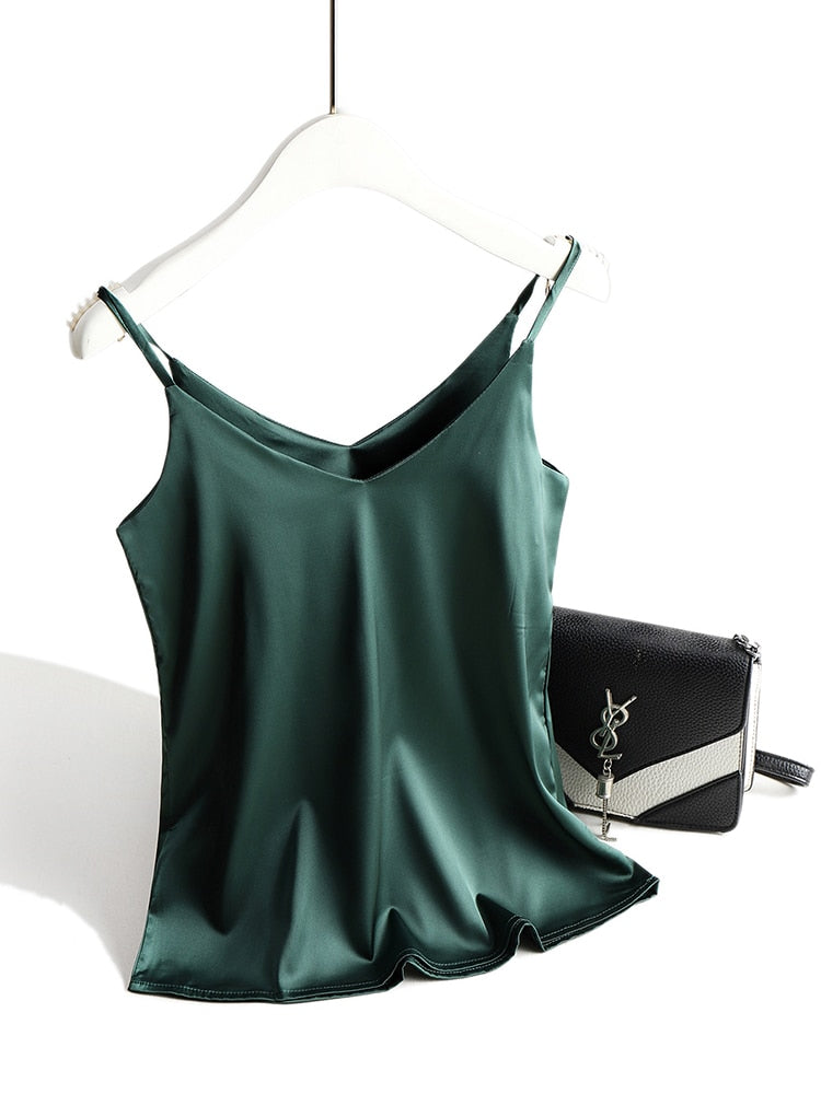 Spaghetti Strap Halter V Neck Sleeveless Satin Silk Tank Top