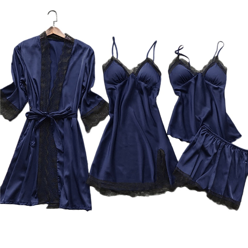 Silk 4-piece Nightwear Ladies Solid Color Strap Lace Pajamas with Chest Pads