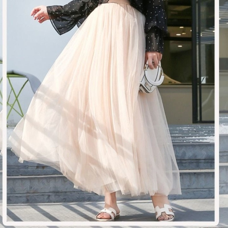 3 layers High Waist Pleated Long Skirt