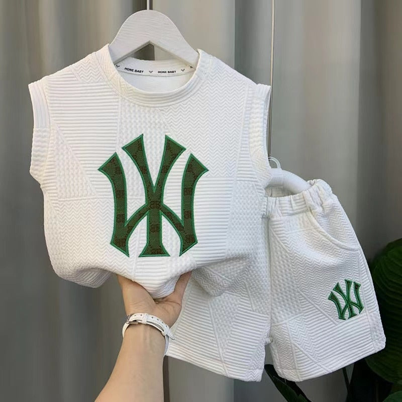 New Boutique Desginer Baby Boys Clothing Summer Sleevelesee Pullover Shirt And Pants 2pcs For Kids 2-8 Years Casual Sport Set