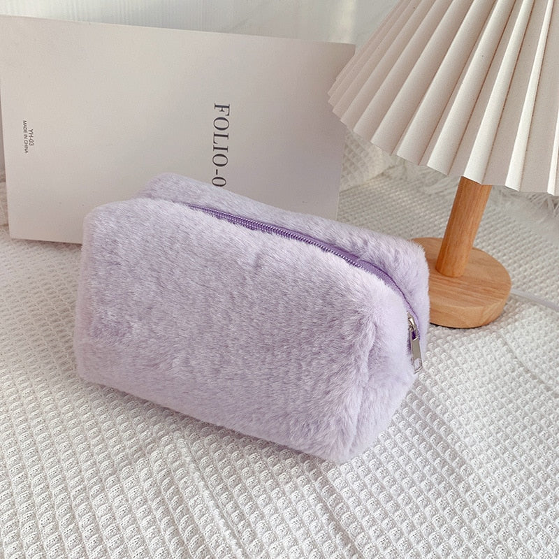 PURDORED 1 Pc Solid Color Fur Makeup Bag Organizer Case
