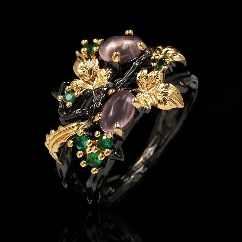 New Exquisite Leaf Flower Color Zircon Ladies Women's Ring Jewelry Black Gold Two-color Red Zircon Ring Ladies Ring