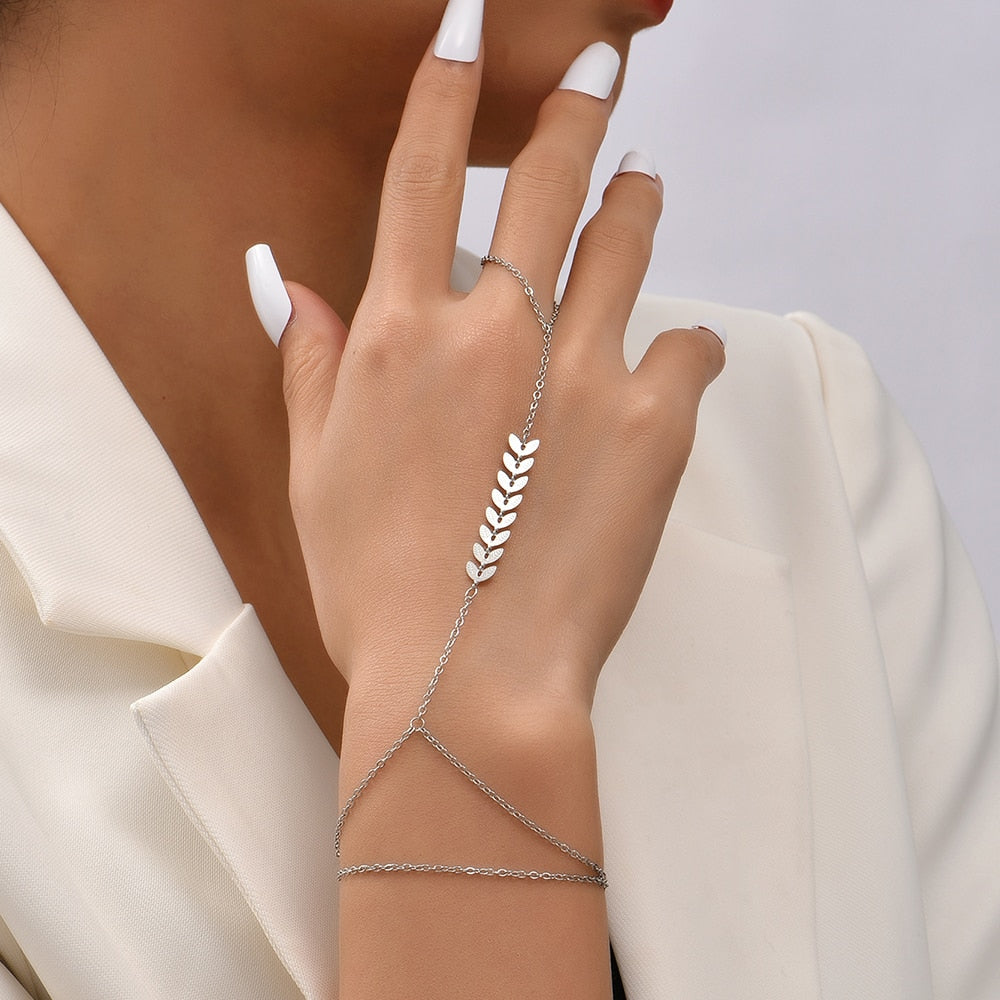 Simple Link Connected Gold plated Wide Finger Ring Bracelet