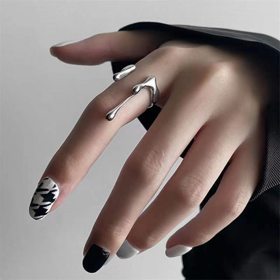 Punk Geometric Irregular Liquid Lava Waterdrop Shaped Open Rings For Women Vintage Silver Color Metal Rings Personality Jewelry