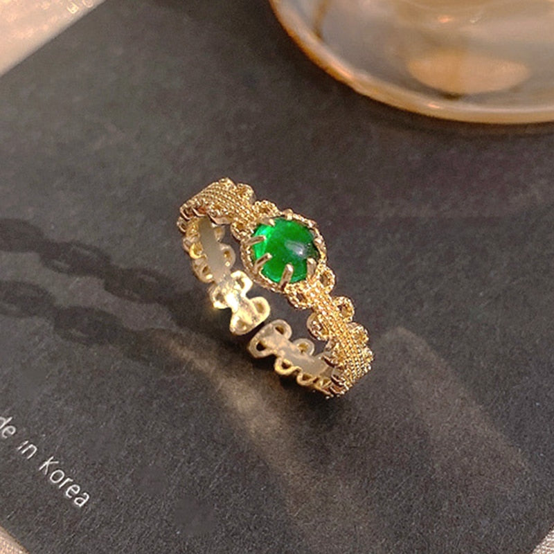 Trendy Fine 14k Real Gold Emerald Opening Rings for Women Adjustable Design High Quality Jewelry Anniversary Weddings Party Gift