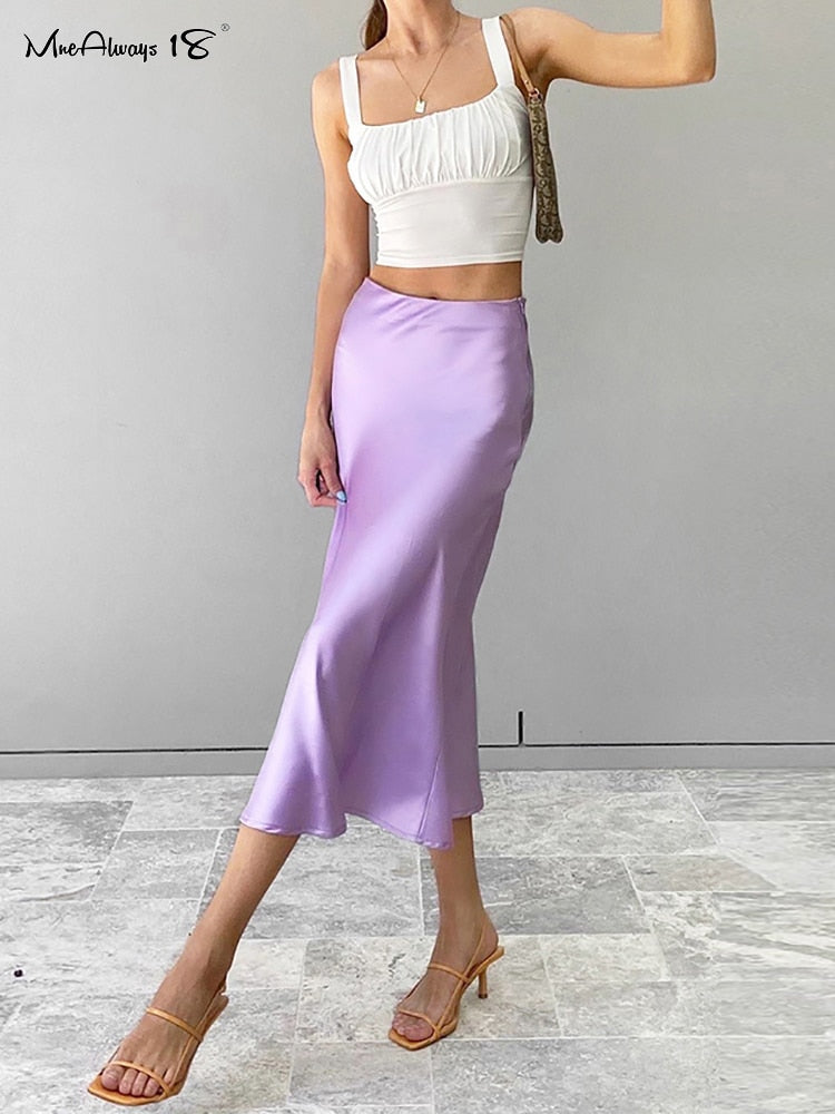 Solid Purple Satin High Waisted Silk Skirt