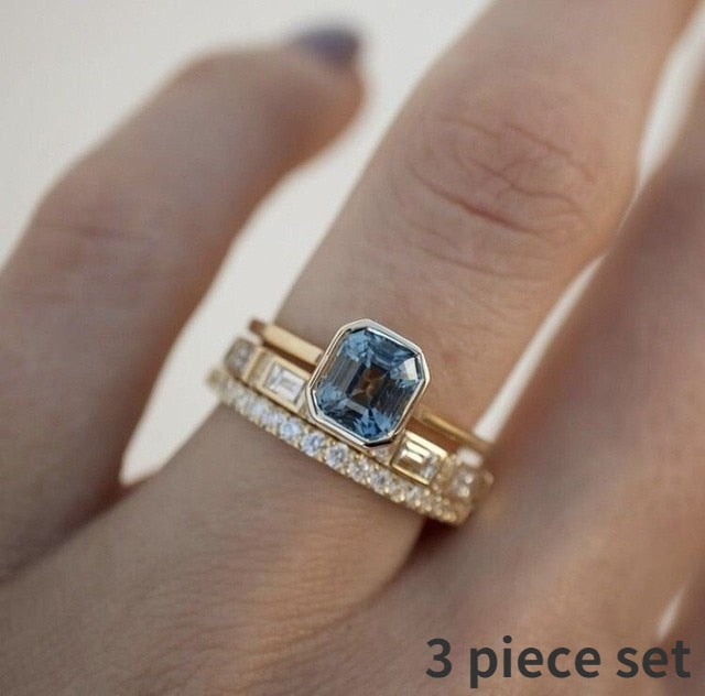 4 pcs/set Geometric Gold Color Combination Round Zircon Crystal Ring